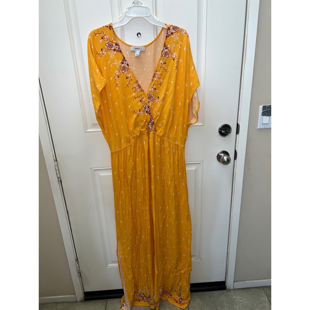 Fall Mustard Yellow Floral Boho V-Neck Maxi Dress with Side Slits Plus Sz 3X